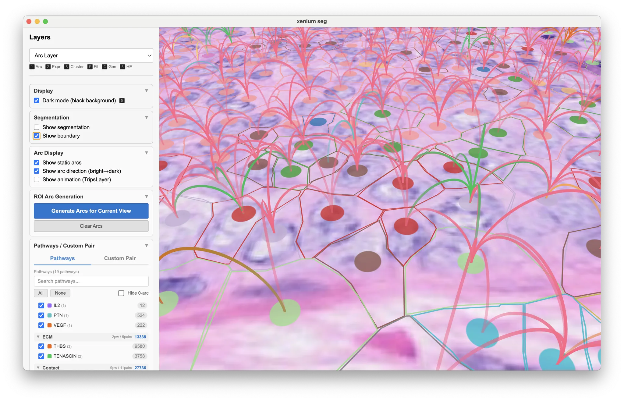 ArcScape rendering of a 10x Xenium human breast cancer section: ligand–receptor pathway arcs drawn between individual cells over a high-resolution HE background.